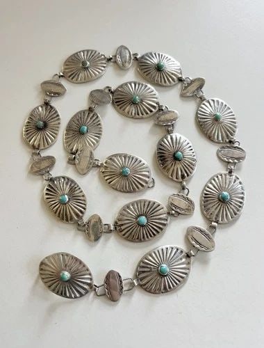 1940 FRED HARVEY ERA NAVAJO COIN SILVER TURQUOISE WOMENS CONCHO BELT 29.5"-87.8G (1 of 2)
