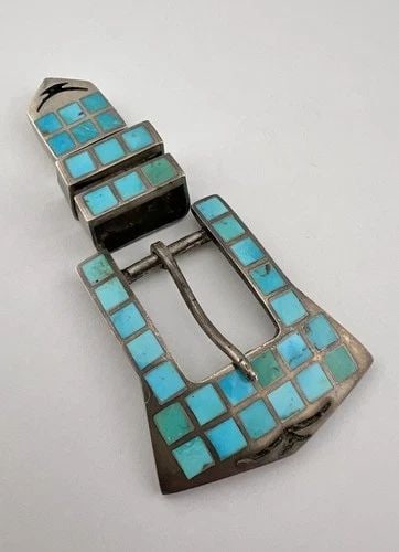 EARLY 1950S ZUNI STERLING SILVER FLUSH TURQUOISE RANGER 4 PC BELT BUCKLE SET 40G (1 of 2)