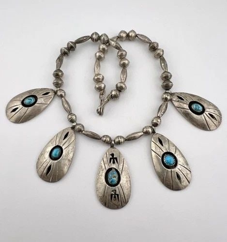 VTG NAVAJO STERLING SILVER TURQUOISE SHADOWBOX THUNDERBIRD COLLAR NECKLACE 15.5" (1 of 2)