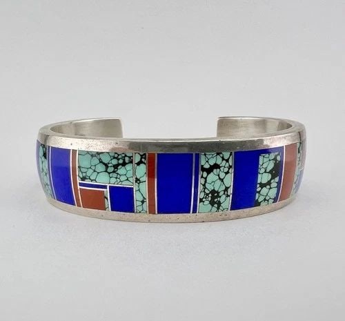 SHERYL MARTINEZ STERLING SILVER TURQUOISE & CORAL & LAPIS FLUSH CUFF BRACELET (1 of 2)