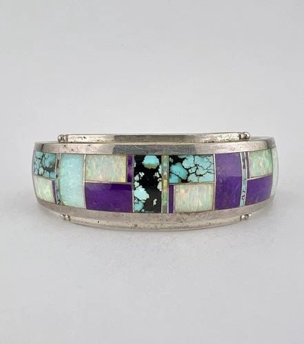 DONNY & DOROTHY CLARK STERLING SILVER MULTI GEMSTONE FLUSH INLAY CUFF BRACELET (1 of 2)