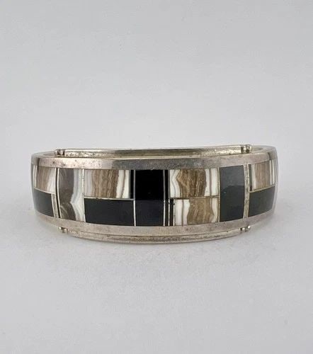 VTG DONNY & DOROTHY CLARK STERLING SILVER JASPER & JET FLUSH INLAY CUFF BRACELET (1 of 2)
