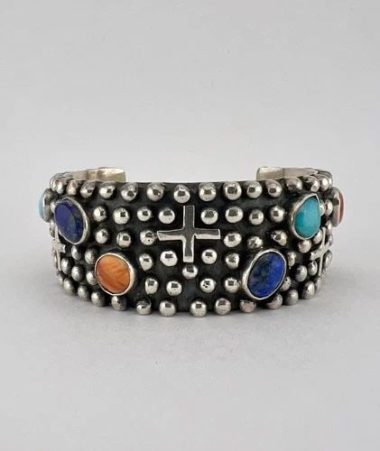 VINTAGE NAVAJO STERLING SILVER MULTI GEMSTONE CROSS / DOT CUFF BRACELET 94.6G: VINTAGE NAVAJO STERLING SILVER MULTI GEMSTONE CROSS / DOT CUFF BRACELET 94.6G MASSIVE Vintage Navajo Sterling Silver Multi Gemstone Cross / Dot Cuff Bracelet 94.6g Cuff is 5" tip to Tip and has a 1 3/