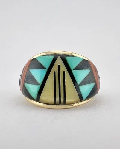 #2 DON & VIOLA ERIACHO ZUNI 14K YELLOW GOLD MULTI GEMSTONE FLUSH WOMEN'S RING: #2 DON & VIOLA ERIACHO ZUNI 14K YELLOW GOLD MULTI GEMSTONE FLUSH WOMEN'S RING #2 Vtg Don & Viola Eriacho Zuni 14k Yellow Gold Multi Gemstone Flush Women's Ring Ring Size: 6 - Can be Resized Weight is 