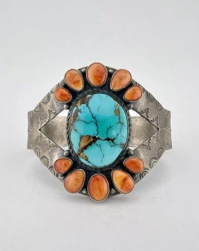 DAVEY MORGAN NAVAJO STERLING SILVER WEBBED TURQUOISE SPINY OYSTER CUFF BRACELET (1 of 2)