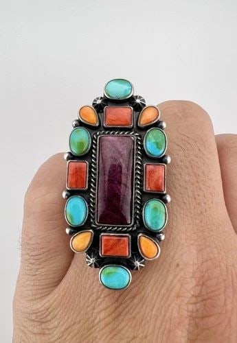 BERNYSE CHAVEZ NAVAJO STERLING SILVER TURQUOISE & SPINY OYSTER LONG RING 2 1/8" (1 of 2)