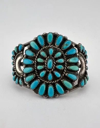 VTG M BEGAY NAVAJO STERLING SILVER NATURAL TURQUOISE CLUSTER WIDE CUFF BRACELET: Vtg M BEGAY Navajo Sterling Silver Natural Turquoise Cluster Wide Cuff Bracelet Cuff is Just Under 5 1/4" tip to Tip and has a 1" Wide Slightly Adjustable Gap Cuff Is 1 7/8" at Its Widest Point Weight
