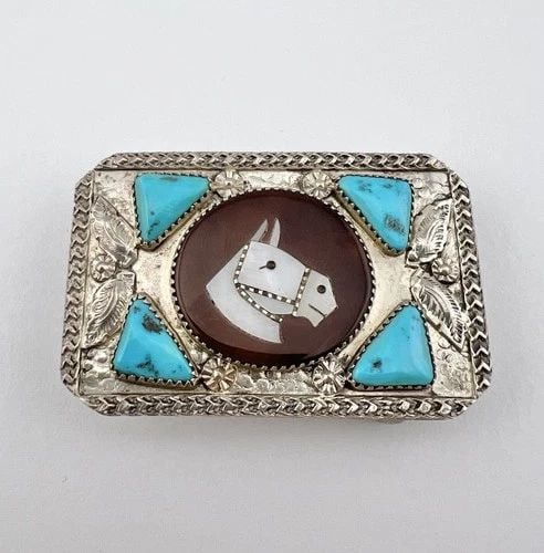 #2 - MIKE SIMPLICIO ZUNI STERLING SILVER MULTI GEMSTONE HORSE BELT BUCKLE 2.25" (1 of 2)