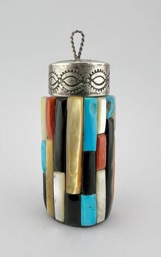 VTG KEWA SANTO DOMINGO PUEBLO MULTI GEM CORNROW COBBLESTONE SNUFF BOTTLE PENDANT: VTG KEWA SANTO DOMINGO PUEBLO MULTI GEM CORNROW COBBLESTONE SNUFF BOTTLE PENDANT Vtg Kewa Santo Domingo Pueblo Multi Gem Cornrow Cobblestone Snuff Bottle Pendant Size: Just Under 3" Tall With Bail By 