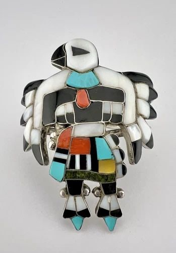 VTG MARY ANN PONCHO ZUNI STERLING SILVER MULTI GEM EAGLE DANCER CUFF BRACELET: VTG MARY ANN PONCHO ZUNI STERLING SILVER MULTI GEM EAGLE DANCER CUFF BRACELET Vtg Mary Ann Poncho Zuni Sterling Silver Multi Gem Eagle Dancer Cuff Bracelet Cuff is 5 1/4" tip to Tip and has a 7/8" Wid