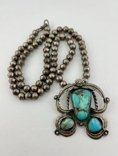 VINTAGE NAVAJO STERLING SILVER BISBEE TURQUOISE BEAD NAJA PENDANT NECKLACE 23.5" (1 of 2)