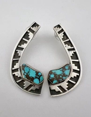 HUGE TOMMY JACKSON NAVAJO STERLING SILVER BISBEE TURQUOISE OVERLAY POST EARRINGS (1 of 2)