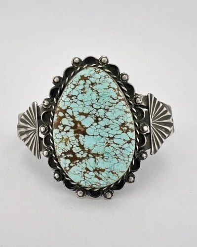 VTG NAVAJO STERLING SILVER NATURAL SPIDERWEB #8 TURQUOISE STAMPED CUFF BRACELET: Vtg Navajo Sterling Silver Natural Spiderweb #8 Turquoise Stamped Cuff Bracelet Cuff is 5 3/8" tip to Tip and has a 1 1/8" Wide Adjustable Gap Cuff Is Just Under 2" Wide In the Center Weight is 40.3 G