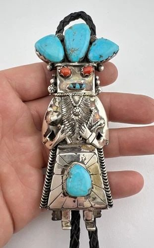VERDY JAKE NAVAJO STERLING SILVER TURQUOISE CORAL KACHINA DANCER BOLO TIE 4 3/8": VERDY JAKE NAVAJO STERLING SILVER TURQUOISE CORAL KACHINA DANCER BOLO TIE 4 3/8" Vtg Verdy Jake Navajo Sterling Silver Turquoise & Red Coral Kachina Dancer Bolo Tie 4 3/8" Size: 4 3/8" Tall By Just Un