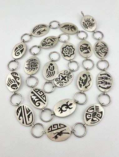 VINTAGE HOPI STERLING SILVER 19 SYMBOLS OVERLAY DETAILED CONCHO BELT 38"-122.5G (1 of 2)