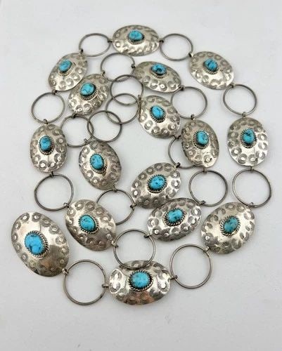 VINTAGE NAVAJO STERLING SILVER SLEEPING BEAUTY TURQUOISE STAMPED CONCHO BELT 41": VINTAGE NAVAJO STERLING SILVER SLEEPING BEAUTY TURQUOISE STAMPED CONCHO BELT 41" Vintage Navajo Sterling Silver Sleeping Beauty Turquoise Stamped Concho Belt 41" Belt Size: 41" - Tip To Tip Buckle Siz