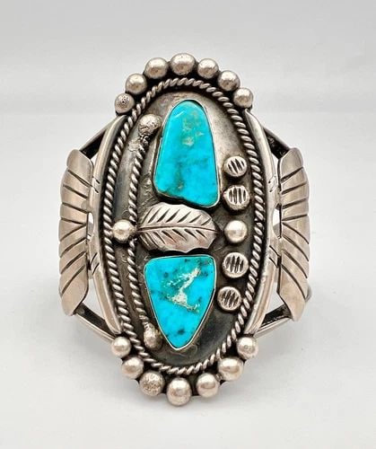 VINTAGE NAVAJO STERLING SILVER BLUE GEM TURQUOISE 3" WIDE CUFF BRACELET 75.5G (1 of 2)