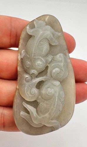 ANTIQUE CHINESE CARVED KOI FISH LIGHT GREEN & BROWN WHITE JADE JADEITE PENDANT: ANTIQUE CHINESE CARVED KOI FISH LIGHT GREEN & BROWN WHITE JADE JADEITE PENDANT Antique Chinese Carved Koi Fish Light Green & Brown White Jade Jadeite Pendant Size: Just About 3" Tall With Bail by 1 5/