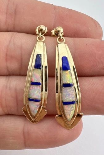 VTG NAVAJO 14K YELLOW GOLD FLUSH FIRE OPAL & LAPIS INLAY DANGLE POST EARRINGS: VTG NAVAJO 14K YELLOW GOLD FLUSH FIRE OPAL & LAPIS INLAY DANGLE POST EARRINGS Vtg Navajo 14k Yellow Gold Flush Fire Opal & Lapis Inlay Dangle Post Earrings Size: 1 5/8" Tall & Just Under 1/2" Wide Wei