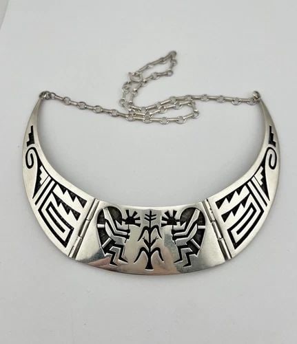 TONY KYASYOUSIE HOPI STERLING SILVER KOKOPELLI CORNSTALK OVERLAY BIB NECKLACE (1 of 2)