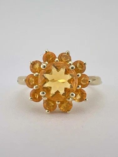 DESIGNER 14K YELLOW GOLD NATURAL MEXICAN FIRE OPAL CLUSTER HALO RING (1 of 2)