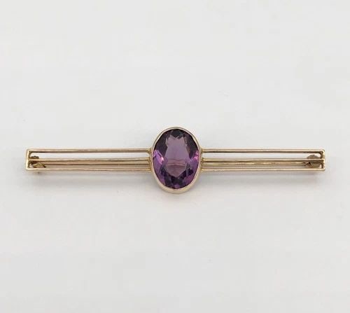 ANTIQUE 14KT YELLOW GOLD FRENCH CUT PURPLE AMETHYST BROOCH BAR PIN 2.5" - 5.5G: ANTIQUE 14KT YELLOW GOLD FRENCH CUT PURPLE AMETHYST BROOCH BAR PIN 2.5" - 5.5G Antique 14kt Yellow Gold French Cut Purple Amethyst Brooch Bar Pin 2.5" - 5.5g.
