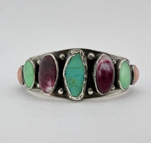 LEO FEENEY STERLING SILVER TURQUOISE & CORAL & LAPIS SPINY OYSTER CUFF BRACELET: LEO FEENEY STERLING SILVER TURQUOISE & CORAL & LAPIS SPINY OYSTER CUFF BRACELET Leo Feeney Sterling Silver Turquoise & Coral & Lapis Spiny Oyster Cuff Bracelet Cuff is 5 3/8" tip to Tip and has a 1 1/