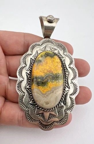 HUGE 4" CHIMNEY BUTTE NAVAJO STERLING SILVER BUMBLEBEE JASPER STAMPED PENDANT (1 of 2)