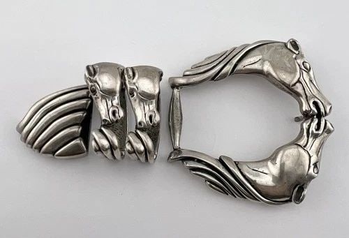 MASSIVE 114G VTG STERLING SILVER EQUESTRIAN HORSE'S 4 PIECE RANGER BELT BUCKLE (1 of 2)