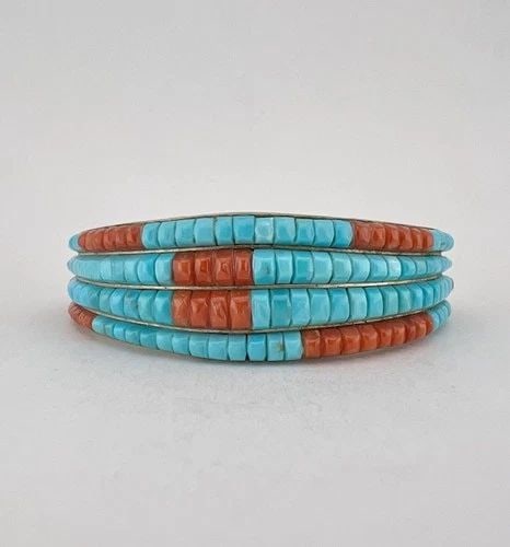 VTG NAVAJO STERLING SILVER 4 ROW HAND CUT TURQUOISE CORAL HEISHI CUFF BRACELET: VTG NAVAJO STERLING SILVER 4 ROW HAND CUT TURQUOISE CORAL HEISHI CUFF BRACELET #2 Vtg Navajo Sterling Silver 4 Row Hand Cut Turquoise Coral Heishi Cuff Bracelet Cuff is Around 5 3/8" tip to Tip and ha