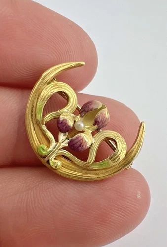 ART NOUVEAU 14K YELLOW GOLD ENAMEL ORCHID FLOWER SEED PEARL CRESCENT BROOCH PIN (1 of 2)