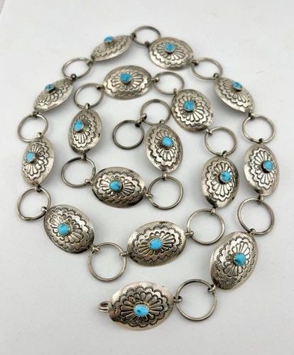 VTG NAVAJO STERLING SILVER SLEEPING BEAUTY TURQUOISE STAMPED CONCHO BELT 36": VTG NAVAJO STERLING SILVER SLEEPING BEAUTY TURQUOISE STAMPED CONCHO BELT 36" Vtg Navajo Sterling Silver Sleeping Beauty Turquoise Stamped Concho Belt 36" Belt Size: Around 36" - Tip To Tip Buckle & Co
