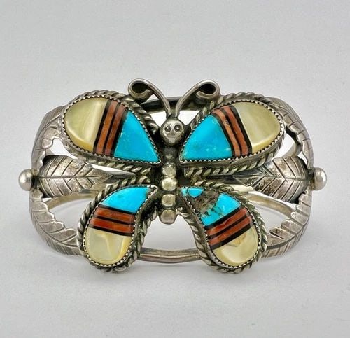 VINTAGE ZUNI STERLING SILVER MULTI GEMSTONE BUTTERFLY CUFF BRACELET (1 of 2)
