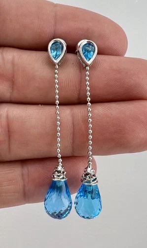 DESIGNER 14K YELLOW GOLD FANCY CUT BLUE LONDON BLUE TOPAZ DANGLE EARRINGS 2 1/8": Designer 14K Yellow Gold Fancy Cut Blue London Blue Topaz Dangle Earrings 2 1/8" Size: 2 1/8" Tall By Slightly Over 1/4" Wide At the Base Metal: 14k Yellow Gold - Hallmarked 750 & Tested Weight is 4.8