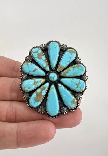 HUGE 2.25" ANTHONY SKEETS NAVAJO STERLING SILVER TURQUOISE CLUSTER OVAL RING: HUGE 2.25" Anthony Skeets Navajo Sterling Silver Turquoise Cluster Oval Ring Ring Size: 9 - Can Be Resized Weight is 32.0 Grams on my scale Metal: Sterling Silver Face of The Ring is 2 1/4" Tall In th