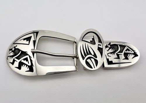 VTG MITCHELL SOCKYMA HOPI STERLING SILVER BEAR OVERLAY 3PC RANGER BELT BUCKLE (1 of 2)