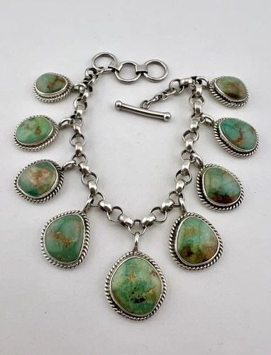 VINATGE NAVAJO STERLING SILVER ROYSTON TURQUOISE LINK TOGGLE CHARM BRACELET 52G (1 of 2)