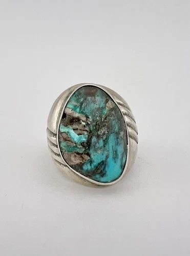 BENALLY BROS NAVAJO STERLING SILVER HIGH GRADE SMOKEY BISBEE TURQUOISE MENS RING: BENALLY BROS NAVAJO STERLING SILVER HIGH GRADE SMOKEY BISBEE TURQUOISE MENS RING Vtg Benally Bros Navajo Sterling Silver High Grade Smokey Bisbee Turquoise Men's Ring Ring Size: 11 - Can Be Resized We