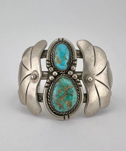 VTG NAVAJO STERLING SILVER ROYSTON TURQUOISE STAMPED WIDE CUFF BRACELET 66.7G (1 of 2)