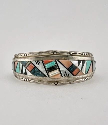 VINTAGE STERLING SILVER MULTI GEMSTONE FLUSH INLAY STAMPED CUFF BRACELET 42.7G (1 of 2)