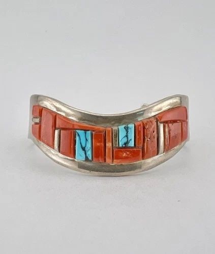 EUGENE BELONE NAVAJO STERLING SILVER WEBBED TURQUOISE & RED CORAL CUFF BRACELET (1 of 2)