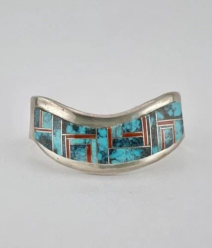 EUGENE BELONE NAVAJO STERLING SILVER SPIDERWEB TURQUOISE & CORAL CUFF BRACELET (1 of 2)