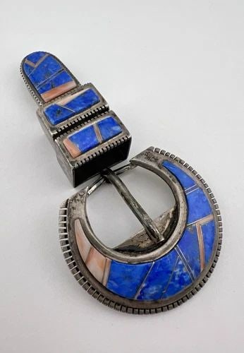 VTG NAVAJO STERLING SILVER LAPIS LAZULI & CORAL FLUSH RANGER 4 PIECE BELT BUCKLE (1 of 2)