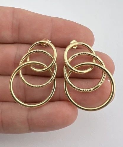 DESIGNER MODERNIST RETRO 14K YELLOW GOLD 3D CIRCLE RINGS LONG POST EARRINGS (1 of 2)