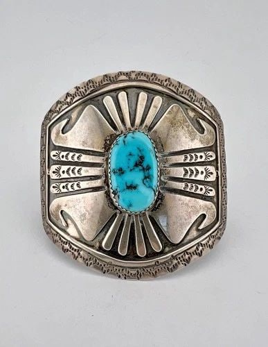 VTG HB NAVAJO STERLING SILVER SLEEPING BEAUTY TURQUOISE OVERLAY CUFF BRACELET: Vtg HB Navajo Sterling Silver Sleeping Beauty Turquoise Overlay Cuff Bracelet Cuff is 5 3/8" tip to Tip and has a 1" Wide Adjustable Gap Cuff Is Over 2 1/4" Wide In the Center Weight is 38.3 Grams on 
