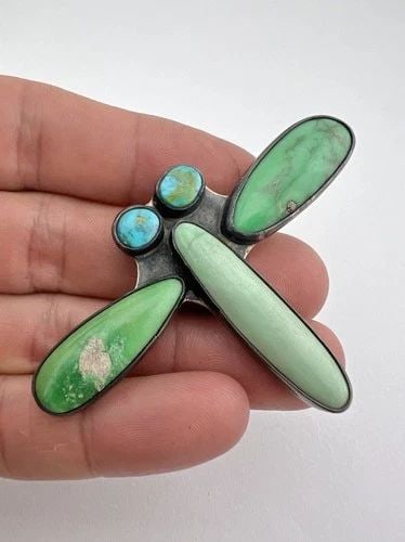 FEDERICO JIMENEZ STERLING SILVER HIGH GRADE TURQUOISE DRAGONFLY PIN BROOCH 2.75" (1 of 2)