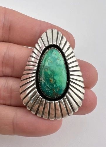 TOMMY JACKSON NAVAJO STERLING SILVER DAMELE VARISCITE TURQUOISE TEARDROP PENDANT: TOMMY JACKSON NAVAJO STERLING SILVER DAMELE VARISCITE TURQUOISE TEARDROP PENDANT Tommy Jackson Navajo Sterling Silver Damele Variscite Turquoise Teardrop Pendant Size: About 2" Tall by Over 1 1/4" Wid