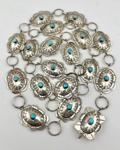 VTG NAVAJO STERLING SILVER SLEEPING BEAUTY TURQUOISE STAMPED CONCHO BELT 38.5": VTG NAVAJO STERLING SILVER SLEEPING BEAUTY TURQUOISE STAMPED CONCHO BELT 38.5" Vtg Navajo Sterling Silver Sleeping Beauty Turquoise Stamped Concho Belt 38.5" Belt Size: 38.5" - Tip To Tip Buckle Size: