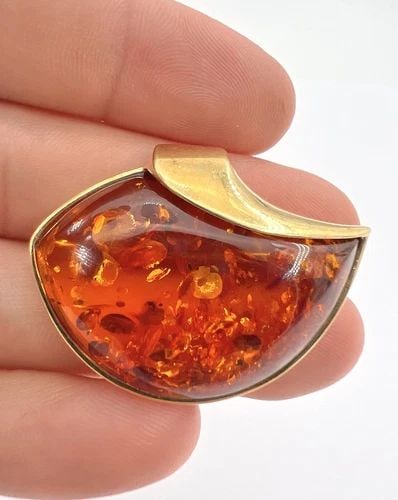 VTG MODERNIST RUSSIAN RUSSIA USSR 14K YELLOW GOLD BALTIC HONEY AMBER PIN BROOCH (1 of 2)