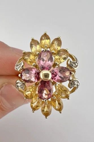 DESIGNER 10K YELLOW GOLD NATURAL OVAL PINK TOPAZ & CITRINE & DIAMOND FLOWER RING (1 of 2)